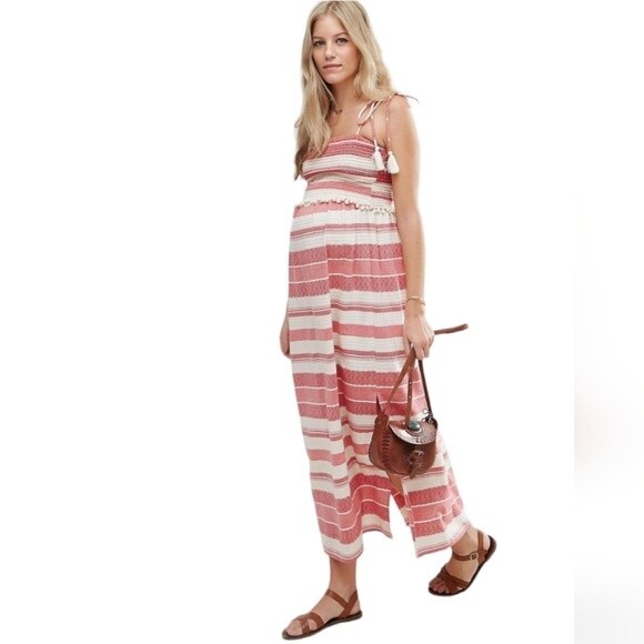 ASOS Maternity Stripe Red Cream Coastal Cowgirl Smocked Boho Maxi Dress 10 - Picture 5 of 6